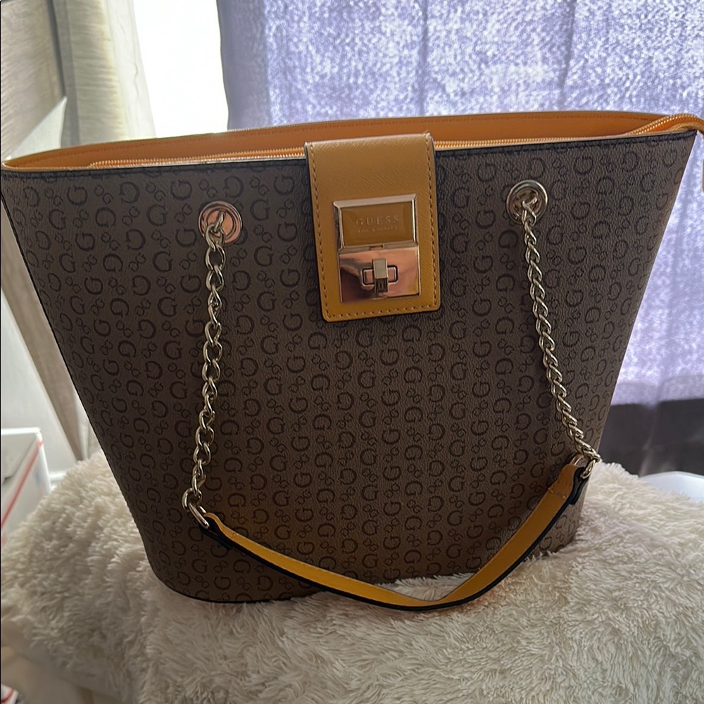 Guess Brown and Yellow Tote with Monogram Design
